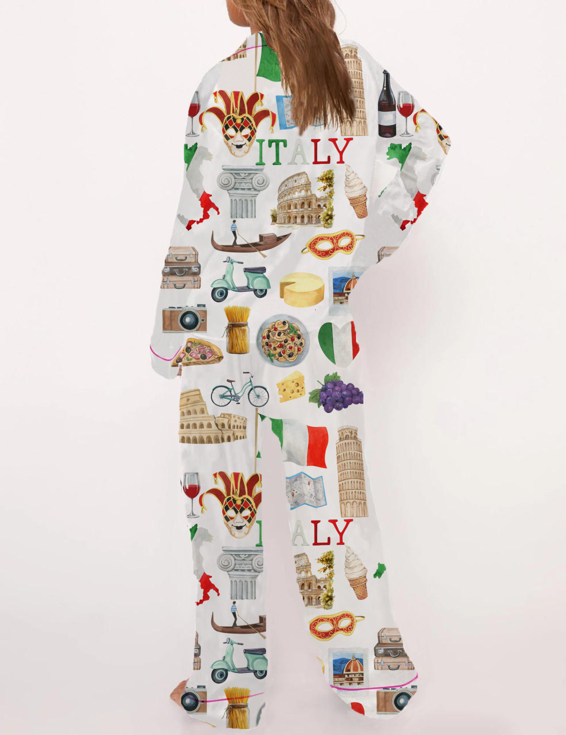 Italy Roma Travel Silky Satin Pajama Short Set For Women