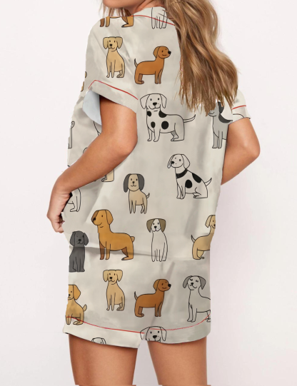 Cartoon Dogs Print Satin Pajama Short Set