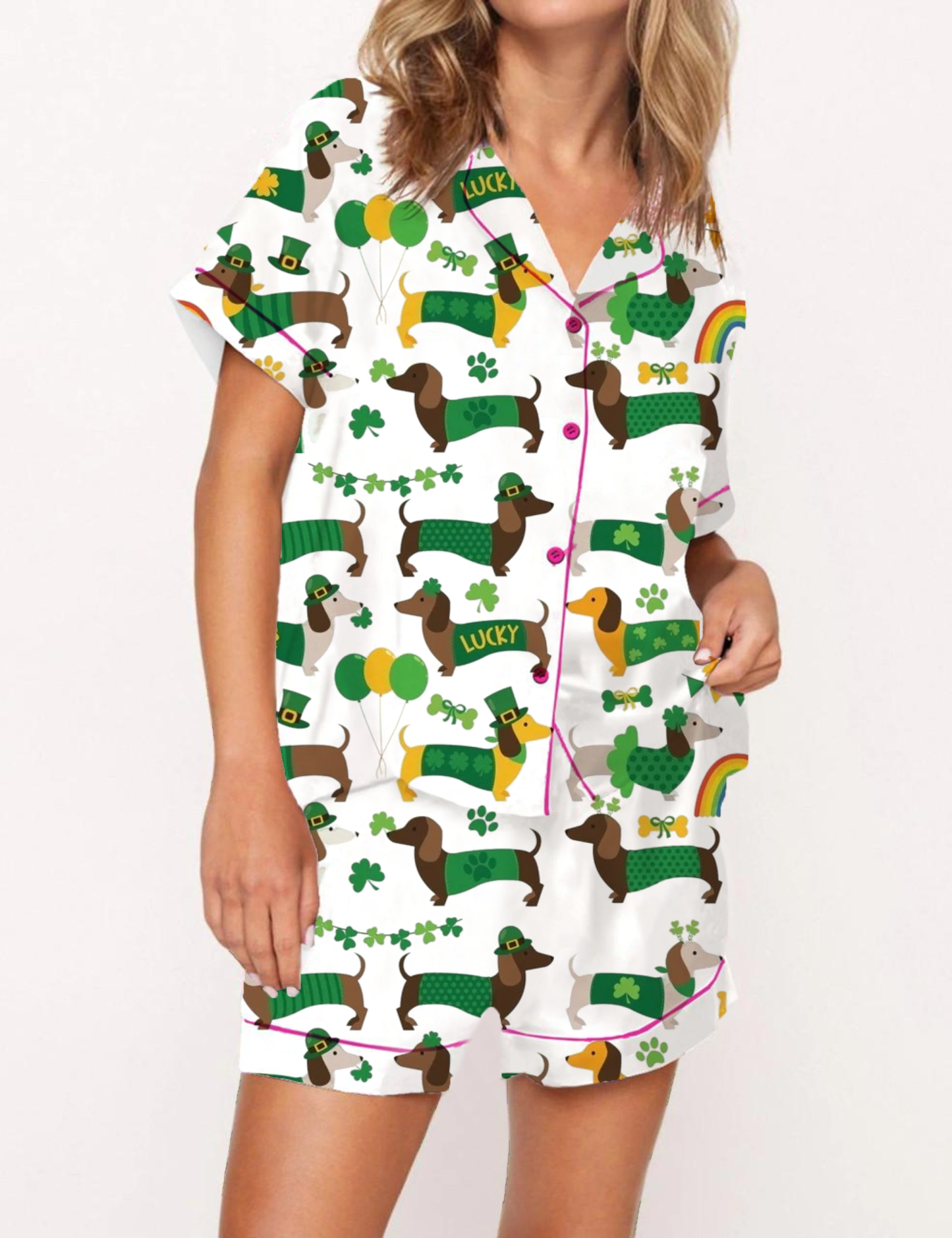 Green Cartoon Dachshund Pattern Satin Pajama Short Set