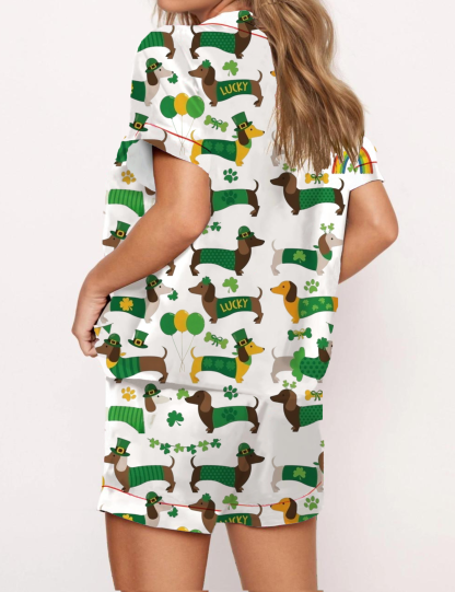 Green Cartoon Dachshund Pattern Satin Pajama Short Set