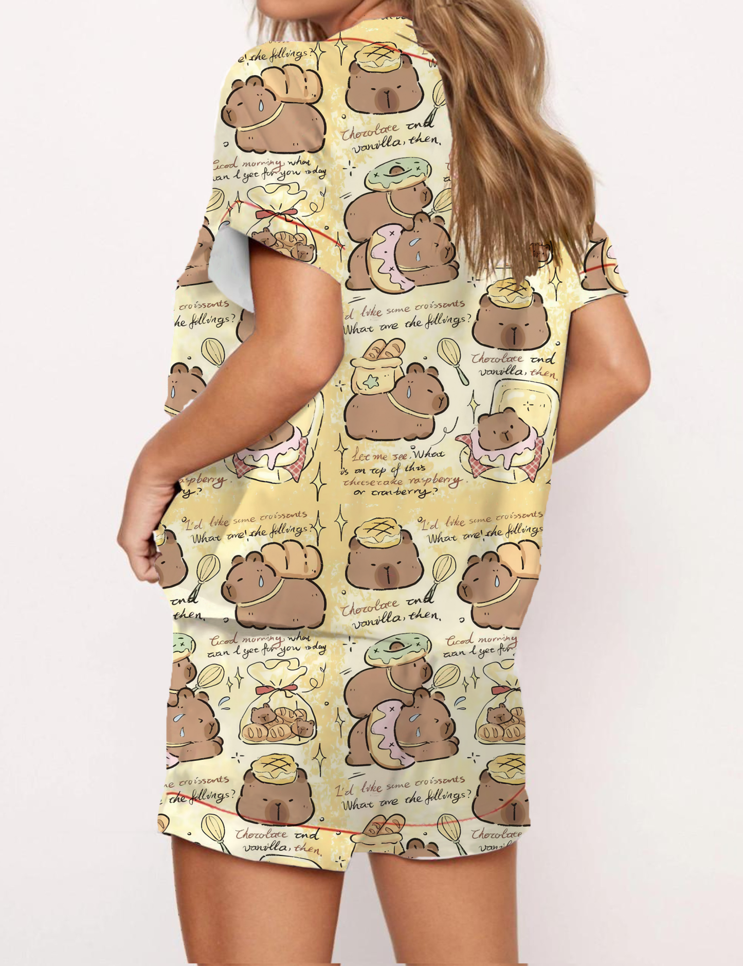 Cute Cartoon Bear With Dessert Satin Pajama Short Set