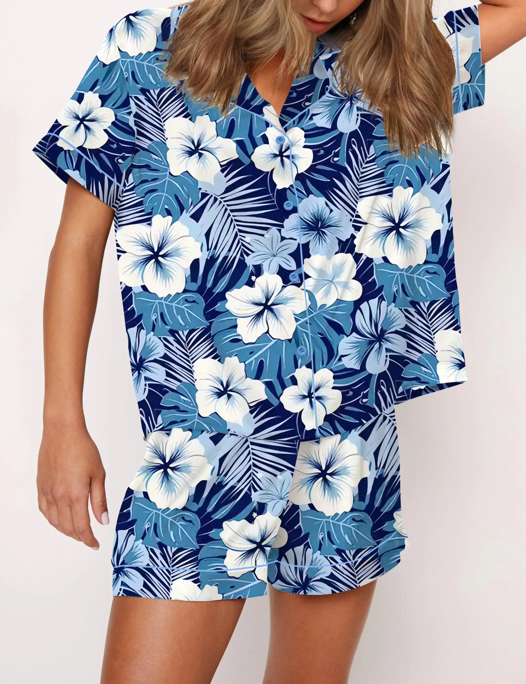 Blue Hawaiian Floral Silky Satin Pajama Set For Women