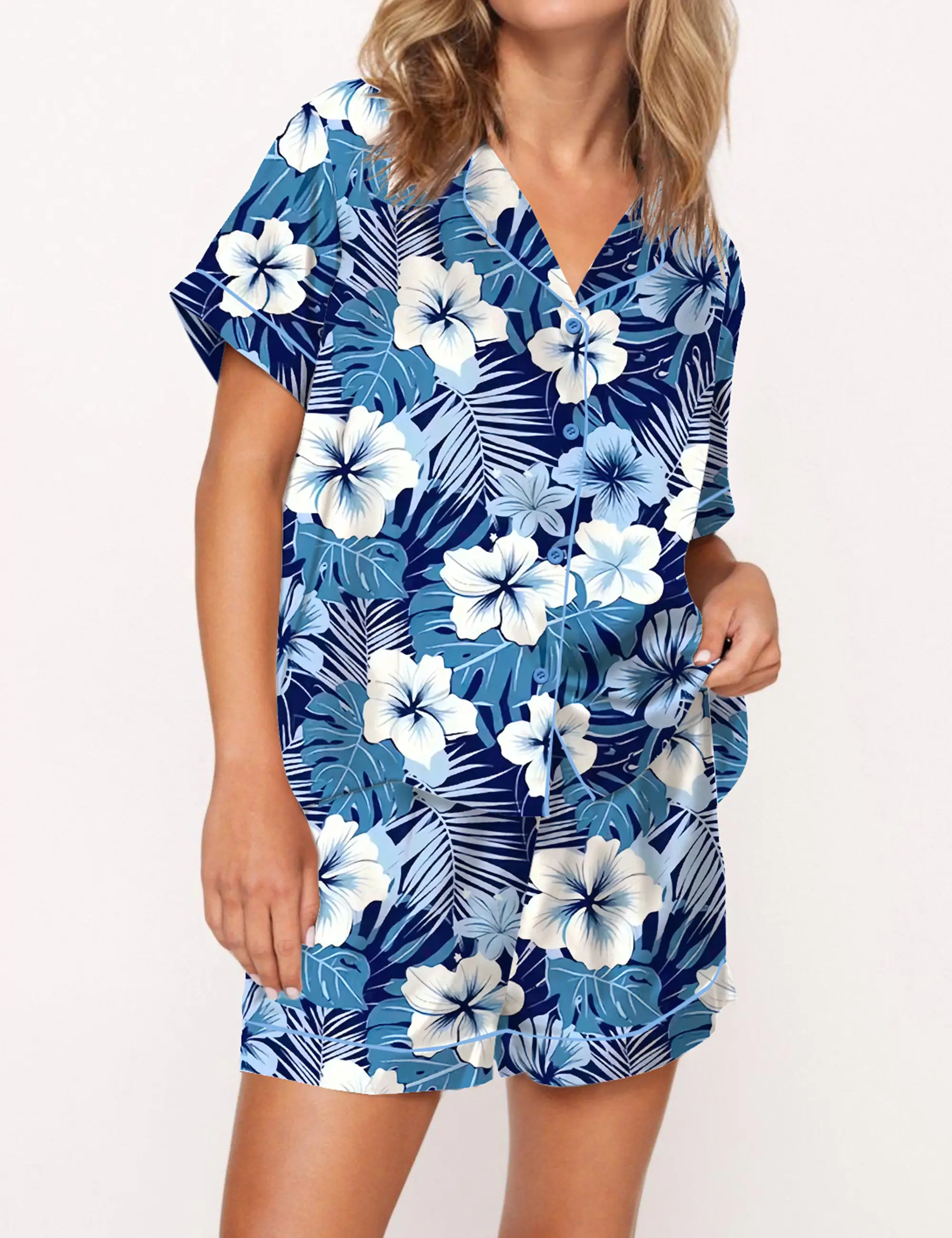 Blue Hawaiian Floral Silky Satin Pajama Set For Women