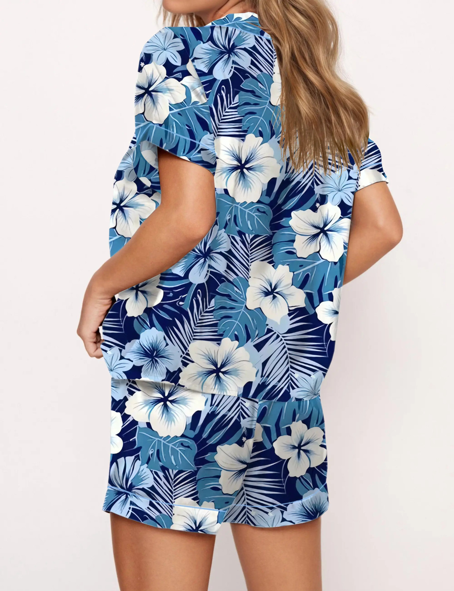 Blue Hawaiian Floral Silky Satin Pajama Set For Women
