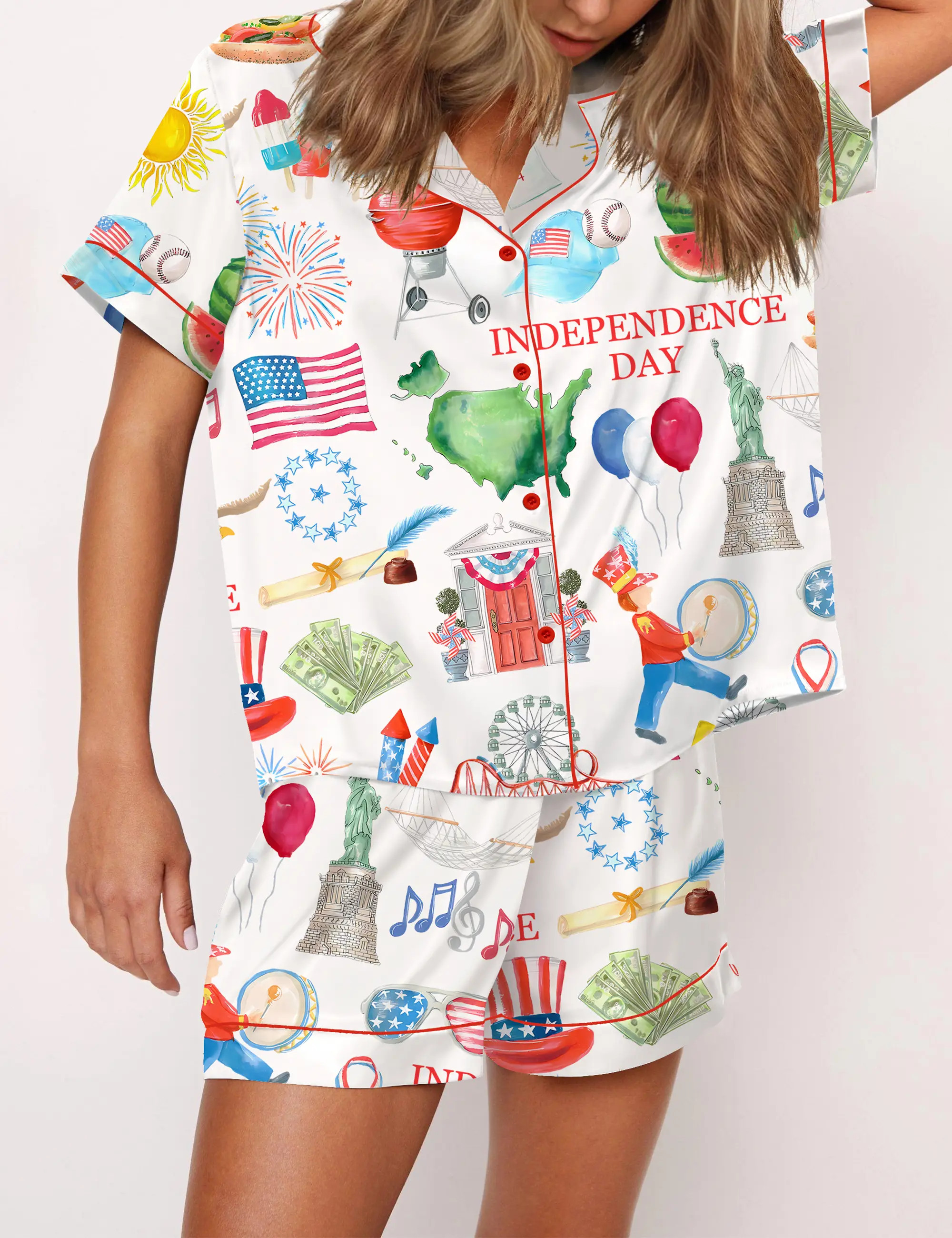 Independence Day Celebration Watercolor Silky Satin Pajama Set For Women