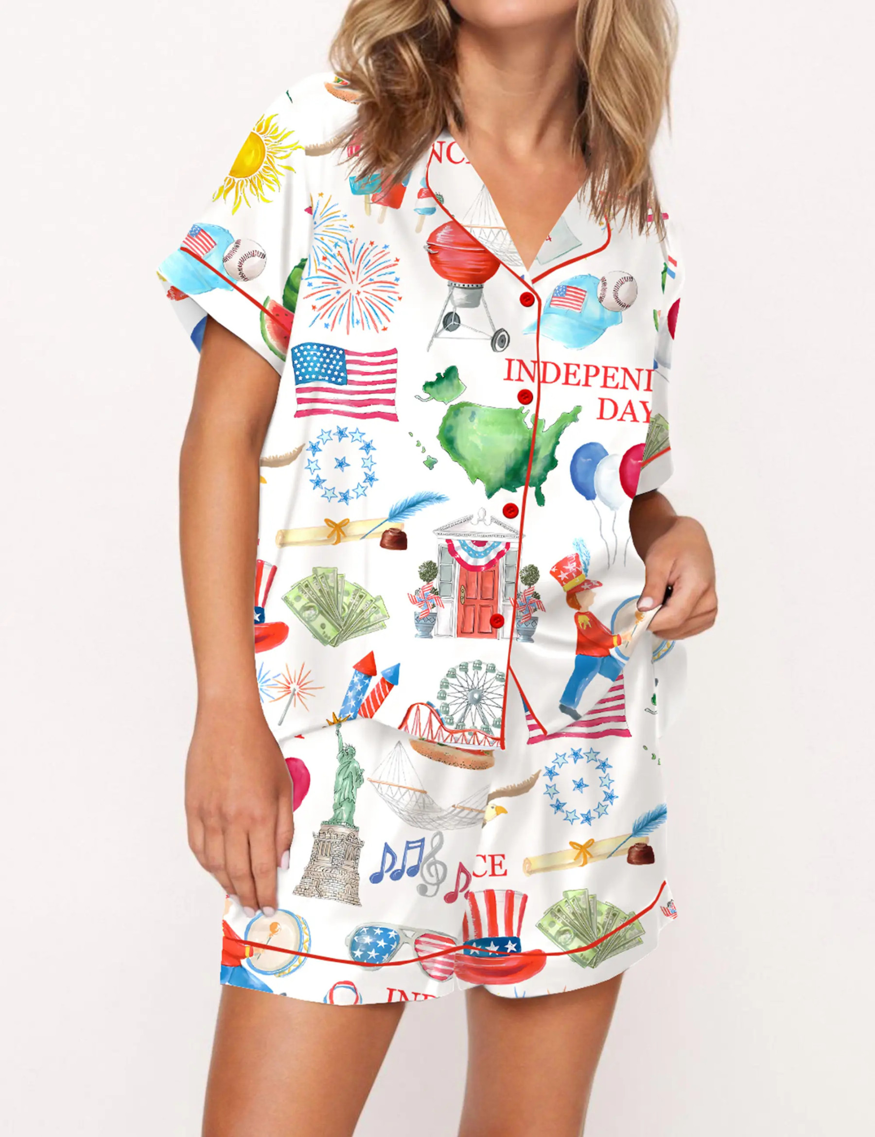 Independence Day Celebration Watercolor Silky Satin Pajama Set For Women