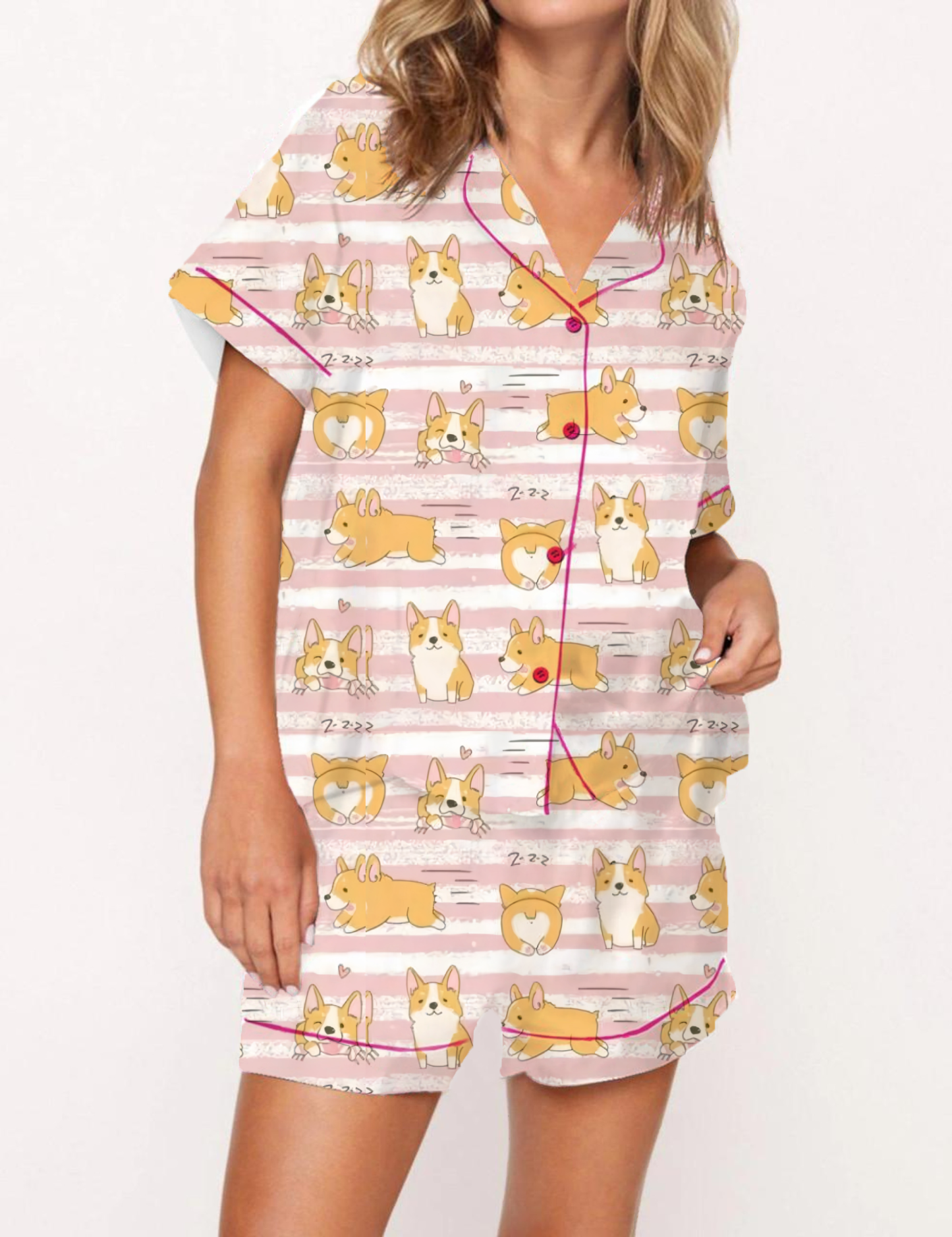 Cute Cartoon Welsh Corgi Print Satin Pajama Short Set
