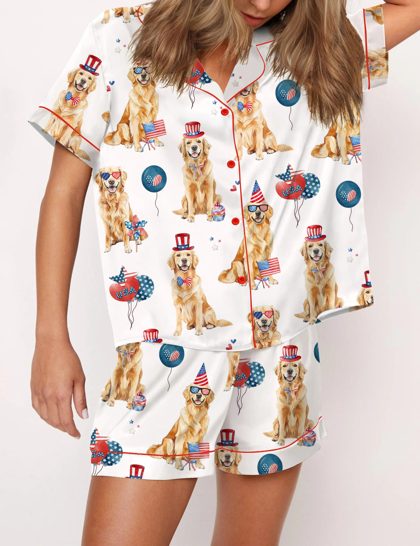 4th Of July Patriotic Golden Retriever Silky Satin Pajama Set For Women