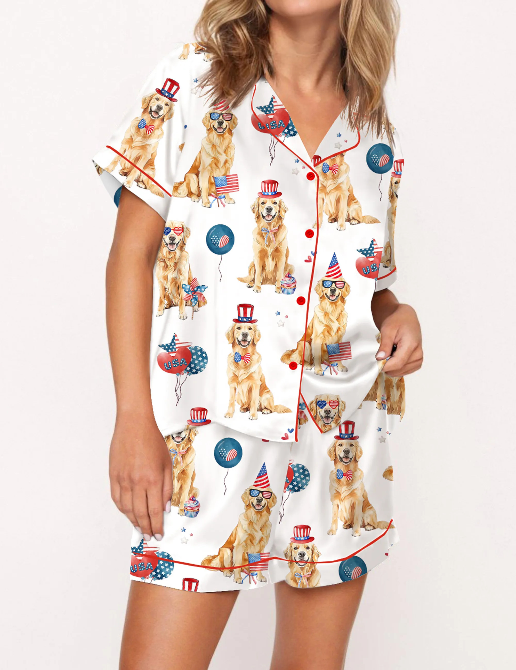 4th Of July Patriotic Golden Retriever Silky Satin Pajama Set For Women