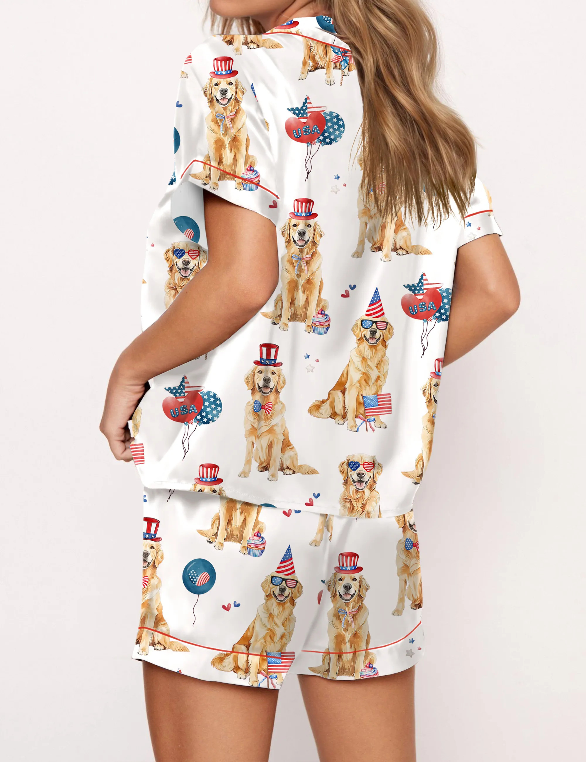 4th Of July Patriotic Golden Retriever Silky Satin Pajama Set For Women