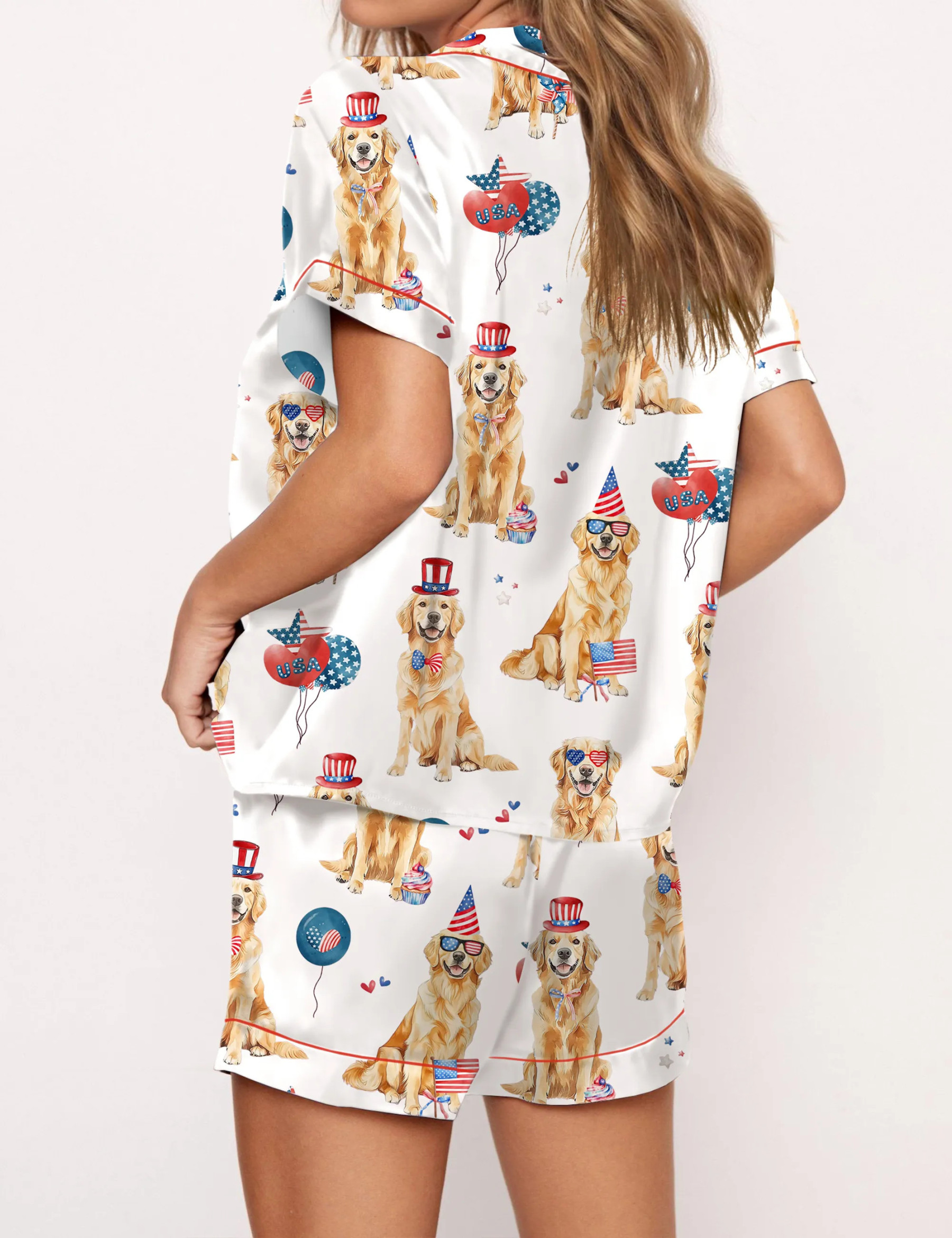 4th Of July Patriotic Golden Retriever Silky Satin Pajama Set For Women