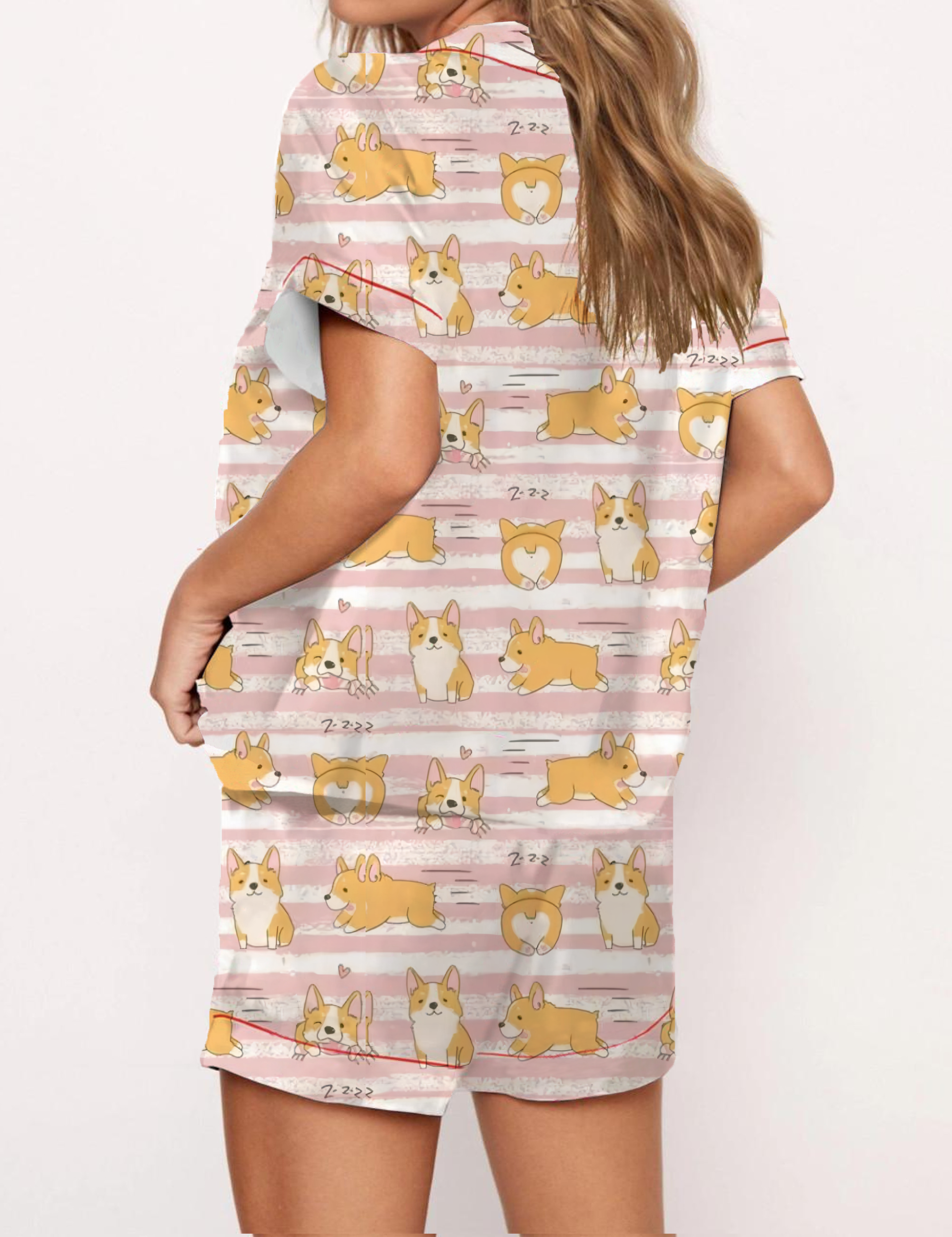 Cute Cartoon Welsh Corgi Print Satin Pajama Short Set