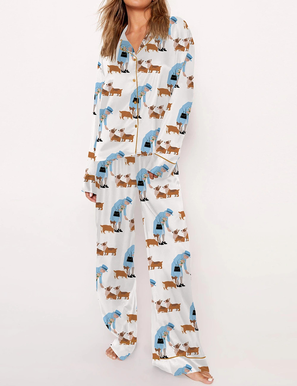 Queen Elizabeth II And Her Corgis Satin Pajama Set For Women