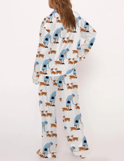 Queen Elizabeth II And Her Corgis Satin Pajama Set For Women