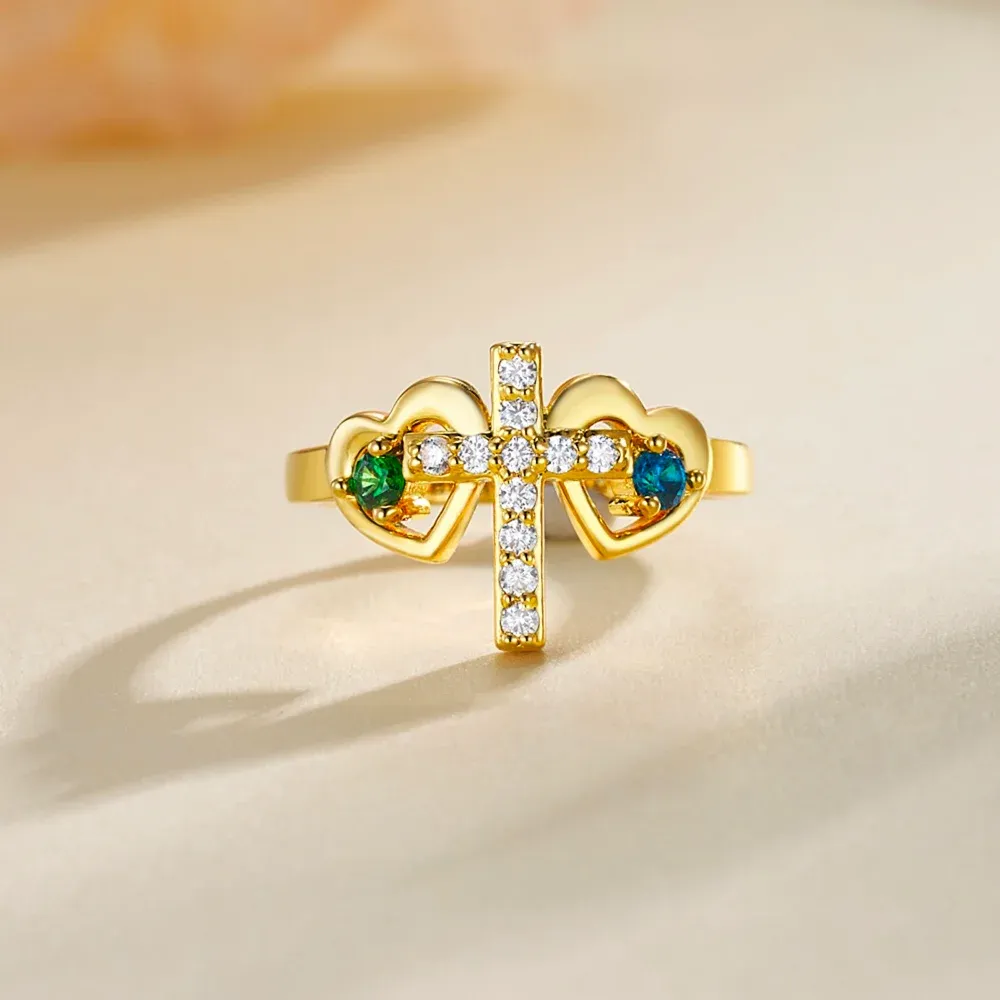 Personalized Double Heart Birthstone Cross Ring with Engraved Text Birthday Baptism Gift for Women