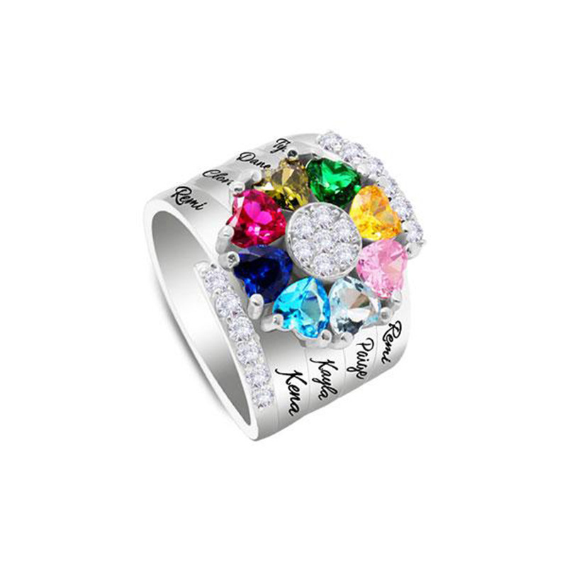 Personalized Heart Assortment 1-8 Birthstones Ring with Engraved Name and Text Mother's Day Birthday Gift for Woman