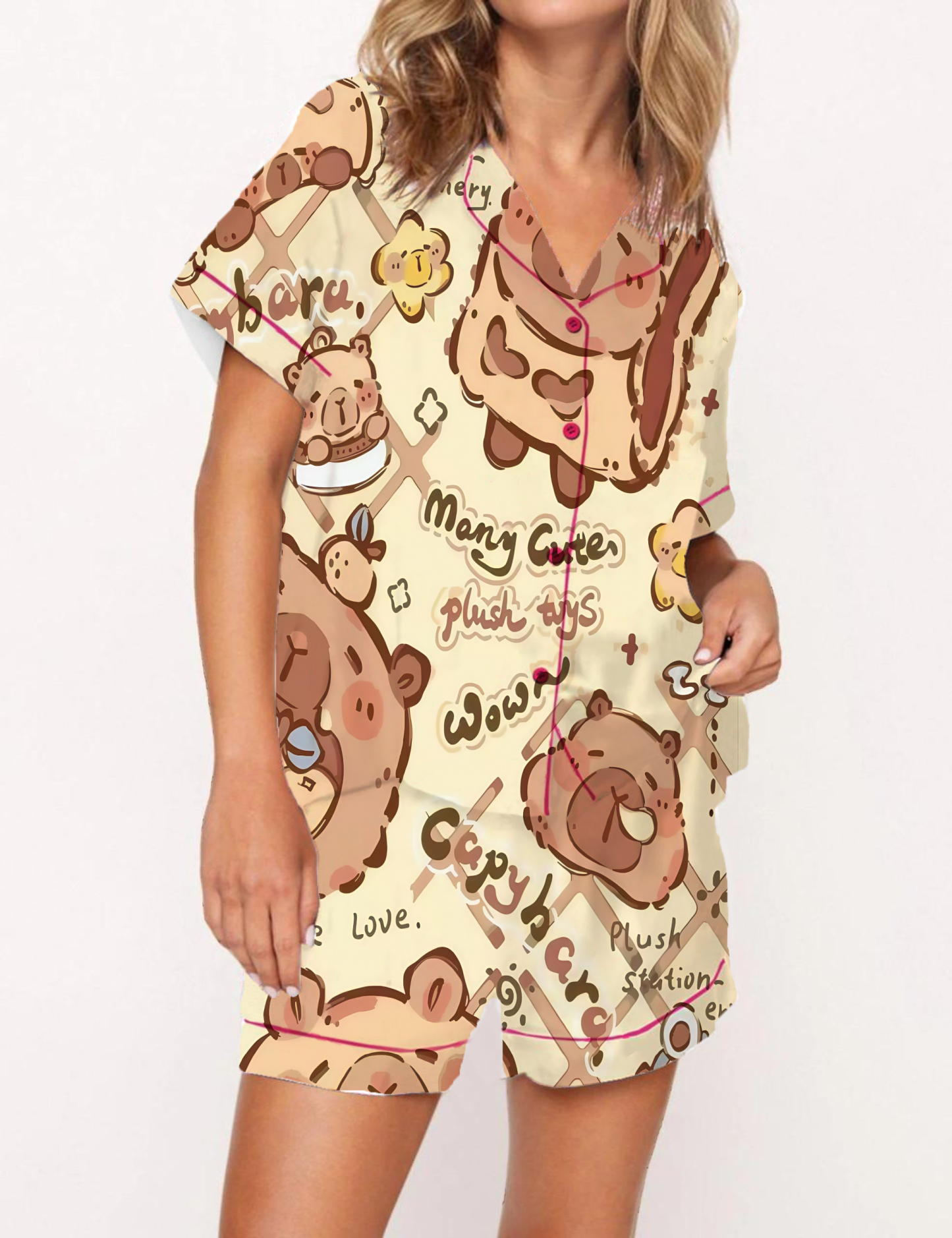 Teddy Bear Satin Pajama Short Set
