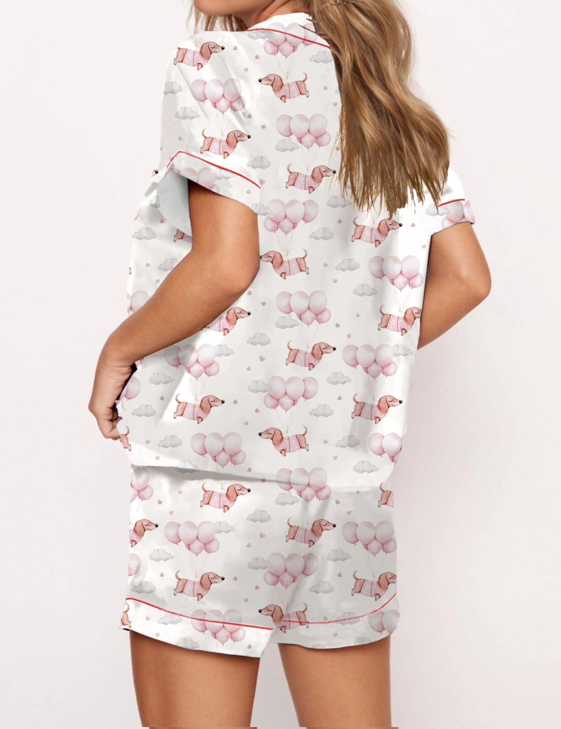 Pink Balloon Cute Dachshund Pattern Satin Pajama Short Set