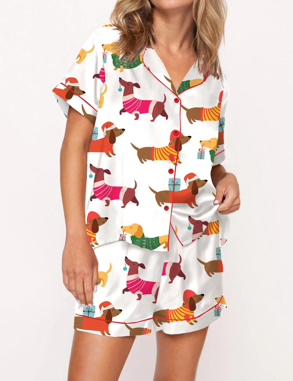 Christmas Festive Dachshund Satin Pajama Set For Women