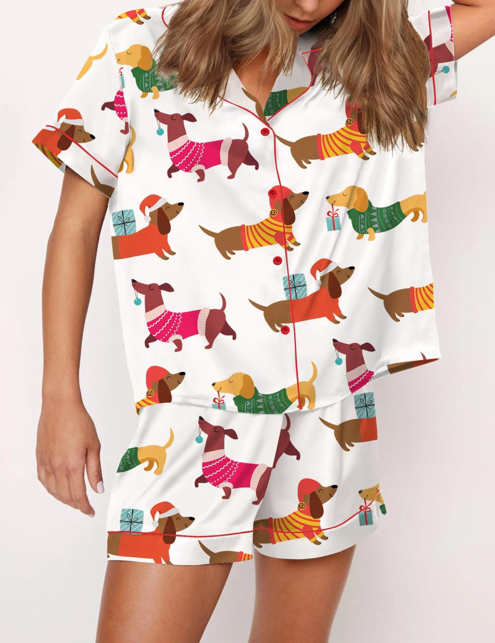 Christmas Festive Dachshund Satin Pajama Set For Women