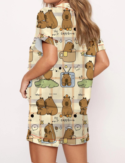 Fun Cartoon Scenes Capybara Satin Pajama Short Set