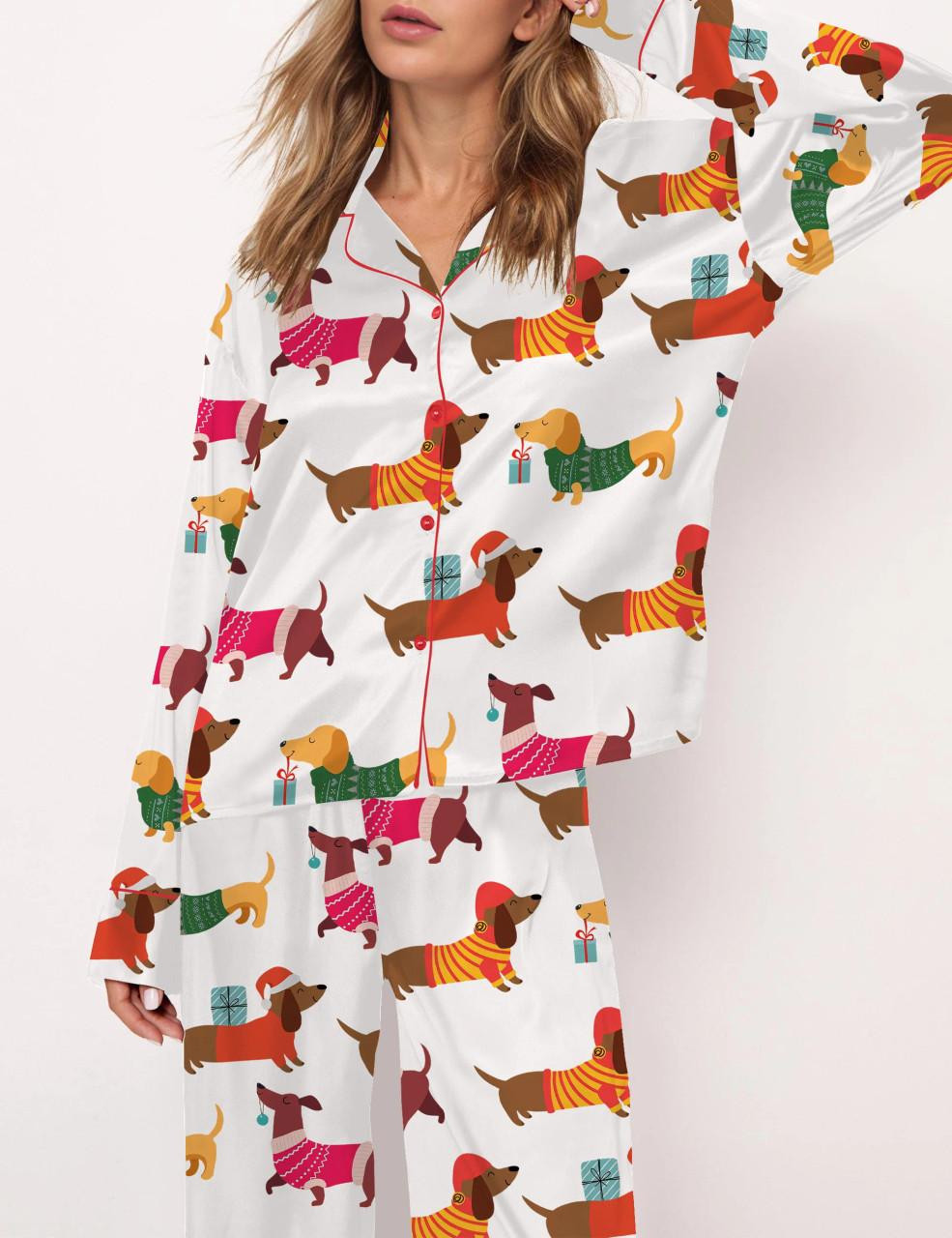 Christmas Festive Dachshund Satin Pajama Set For Women