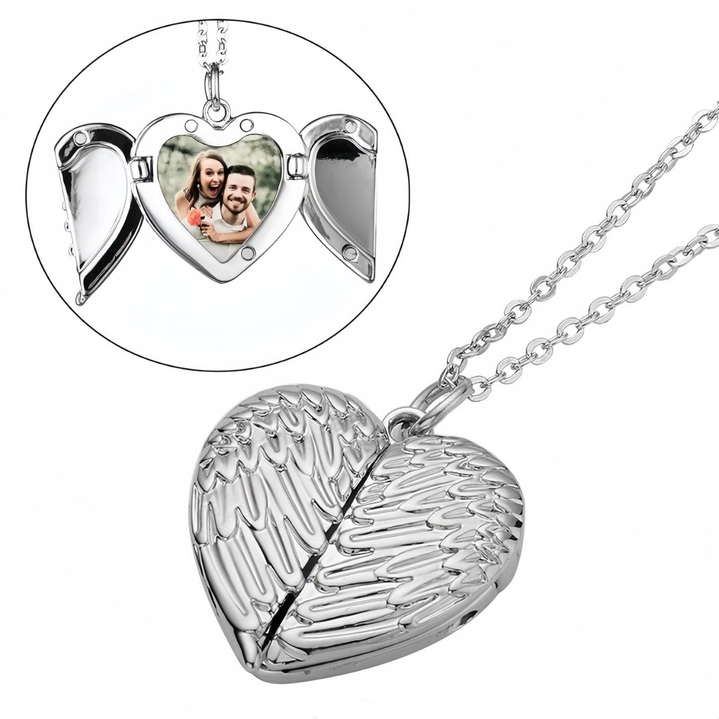 Engraved Angel Wings Heart Photo Locket Sterling Silver Necklace