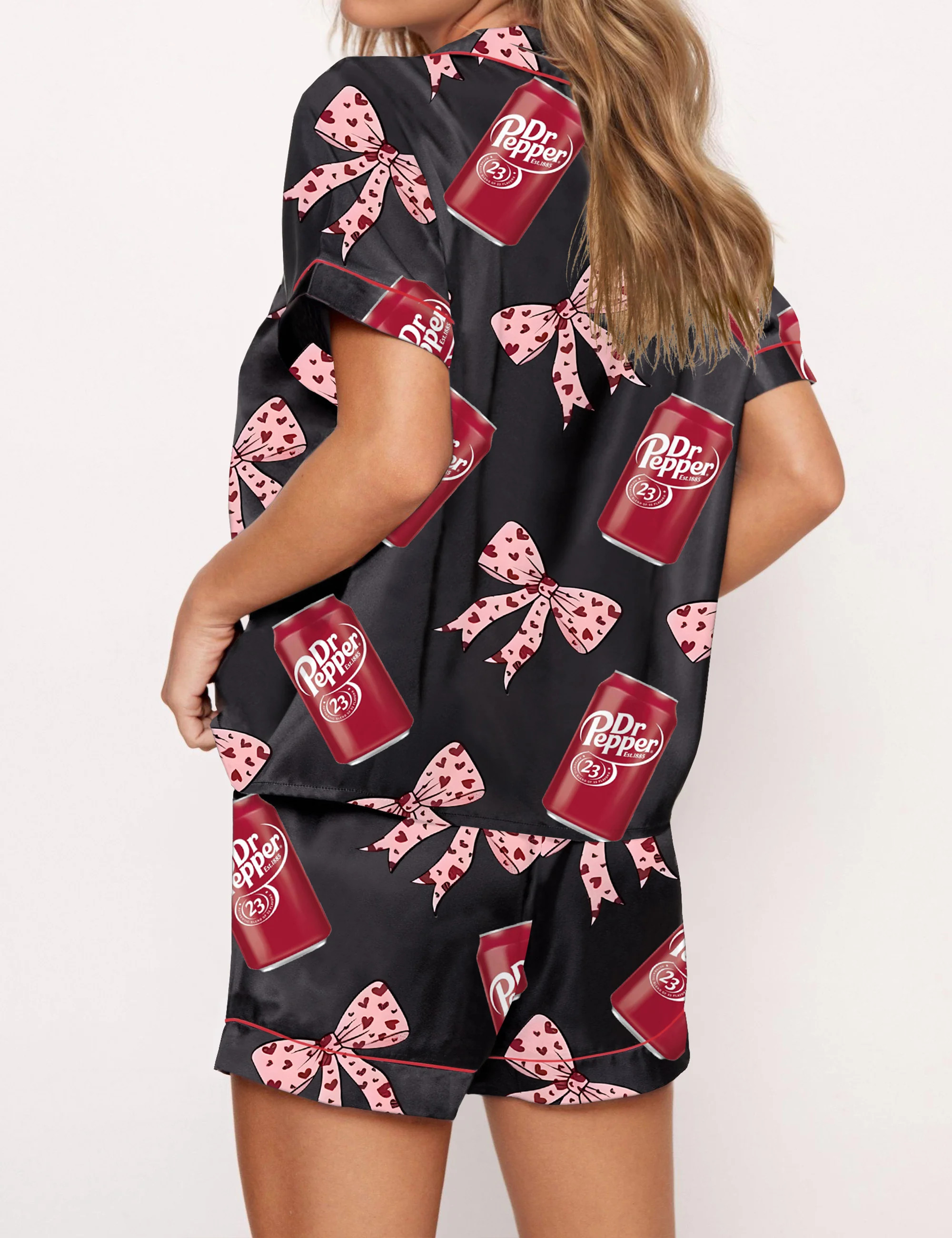 Pepper Drink Pink Coquette Bow Satin Pajama Set For Women