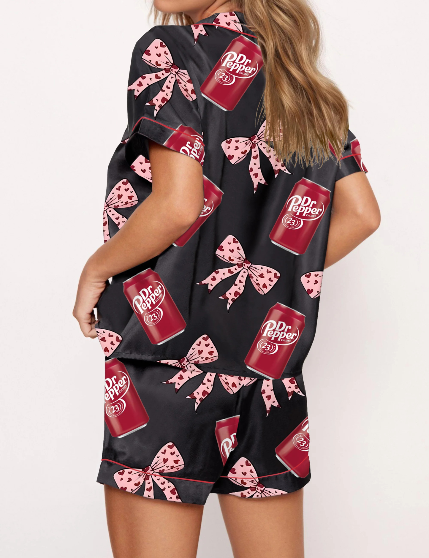 Pepper Drink Pink Coquette Bow Satin Pajama Set For Women