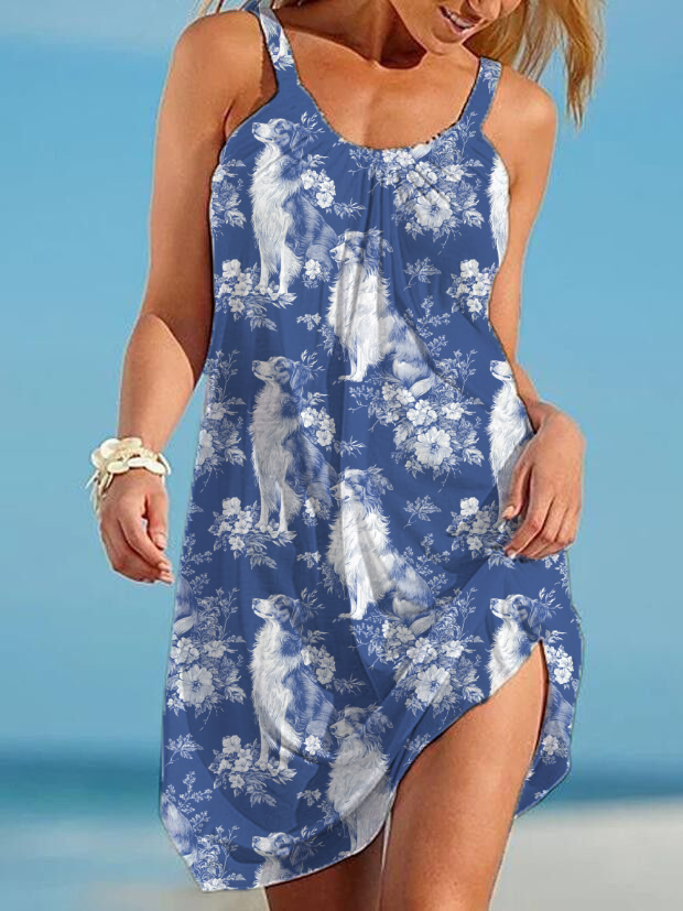 Border Collie Print Strap Beach Dress