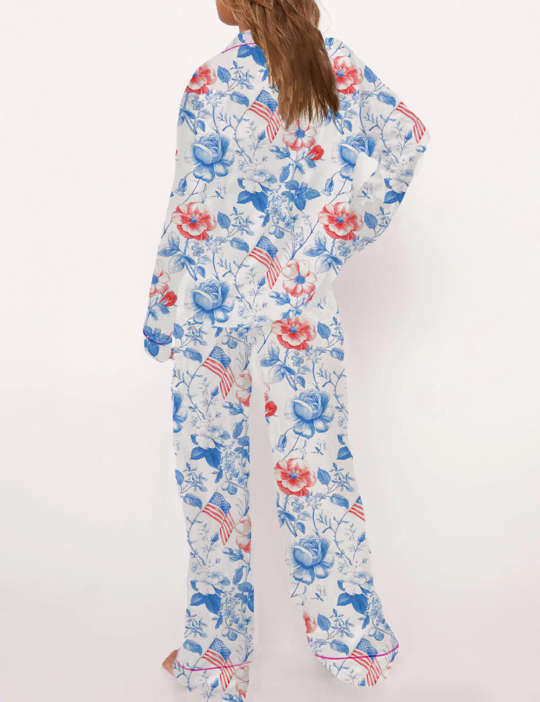 Colonial Americana Toile Silky Satin Pajama Short Set For Women