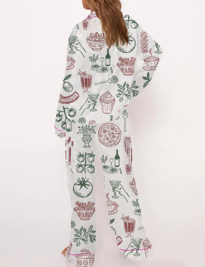 Italy Cuisine Silky Satin Pajama Short Set For Women