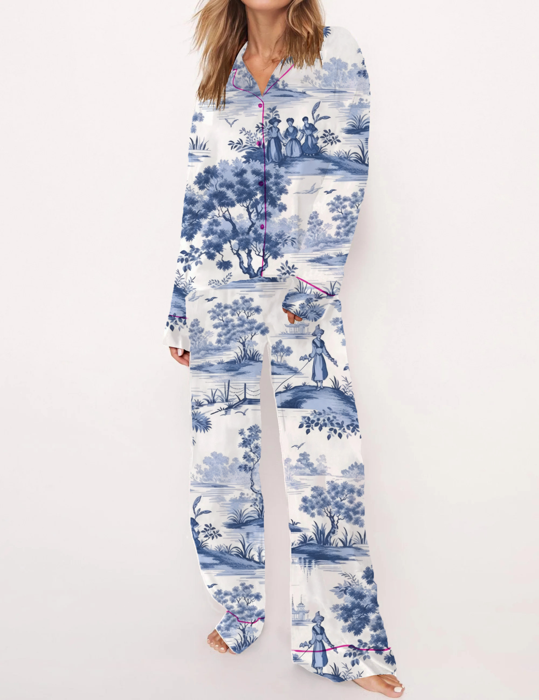 French Toile Silky Satin Pajama Short Set For Women