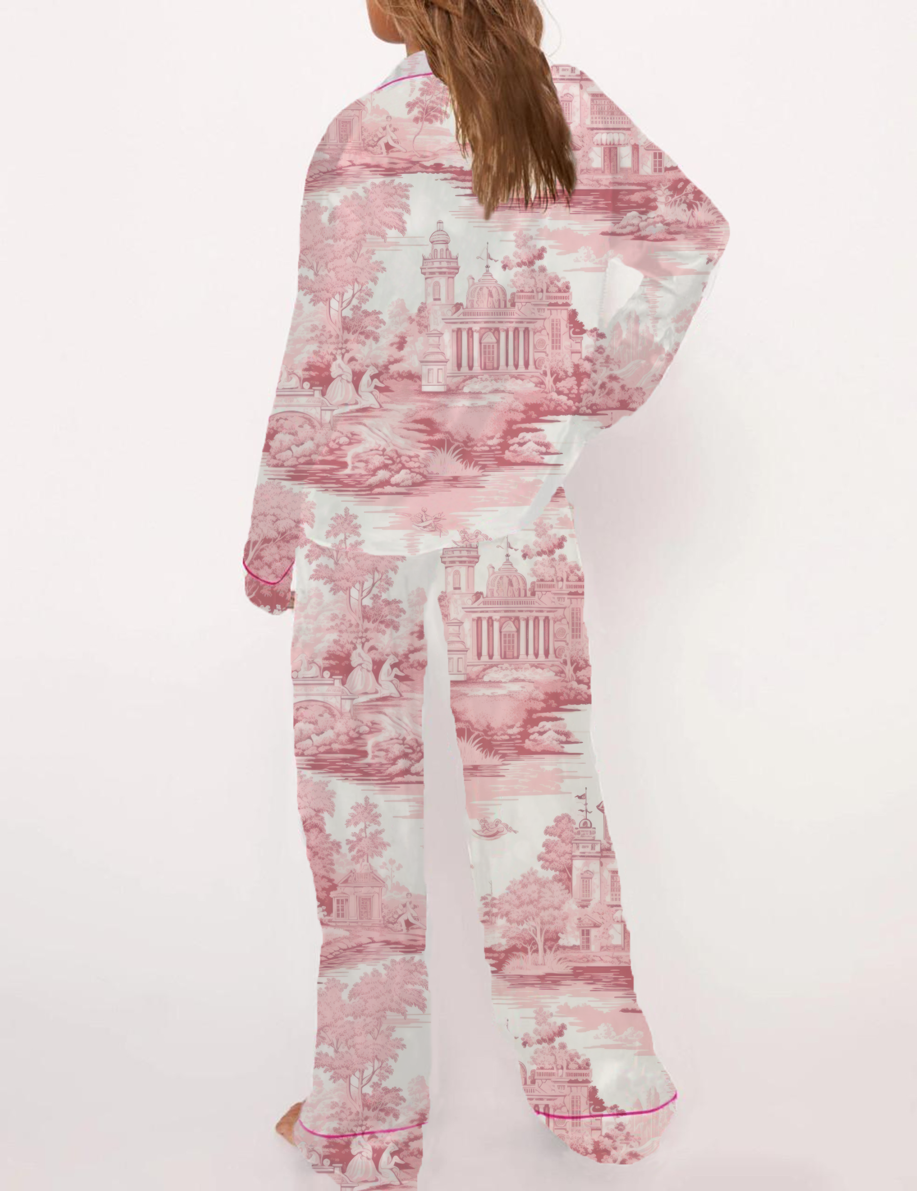 French Toile Silky Satin Pajama Short Set For Women