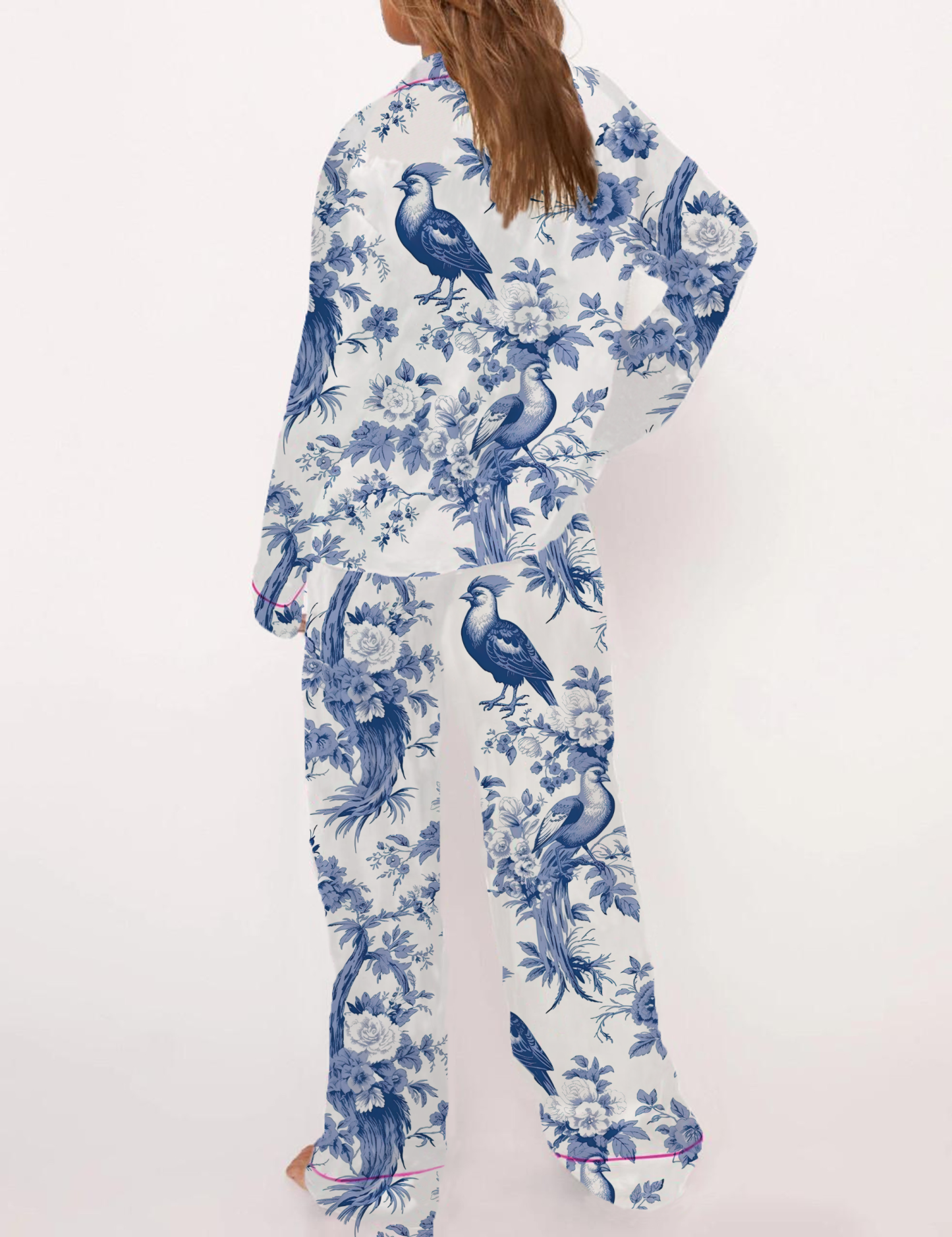 Bird Flower Toile Silky Satin Pajama Short Set For Women