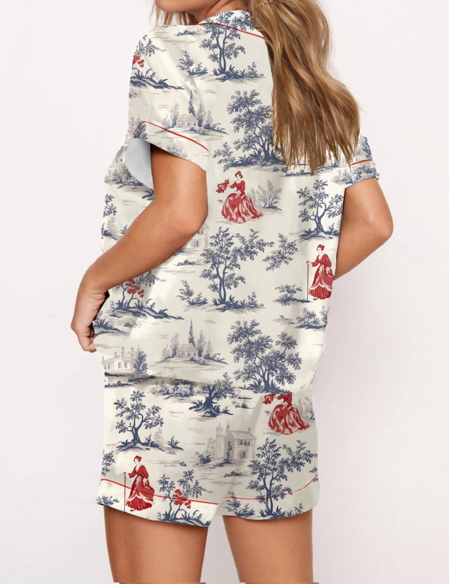 Classical Style Toile Silky Satin Pajama Short Set For Women