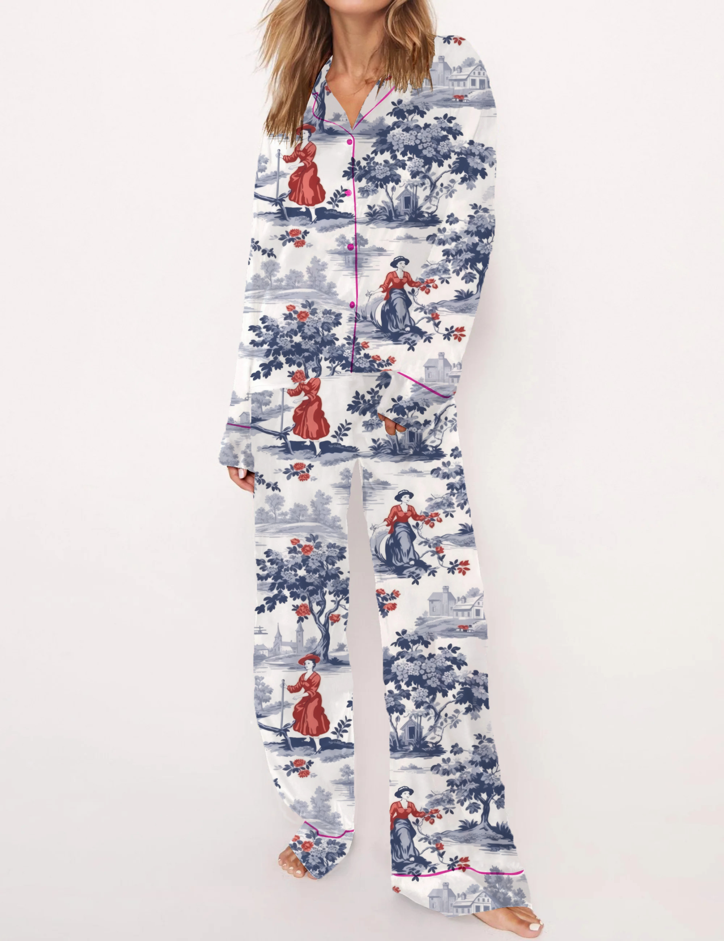 French Pastoral Retro Style Toile Silky Satin Pajama Short Set For Women