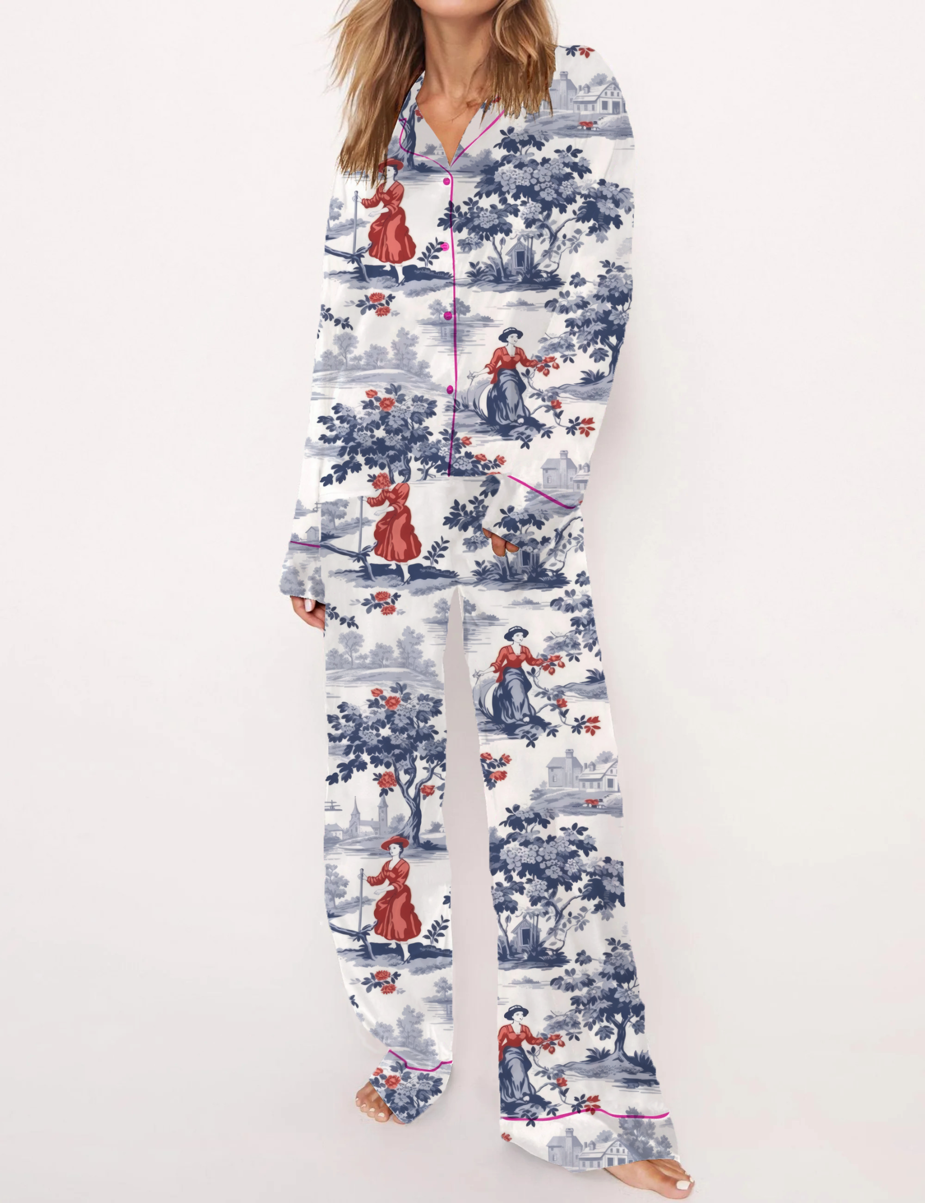 French Pastoral Retro Style Toile Silky Satin Pajama Short Set For Women