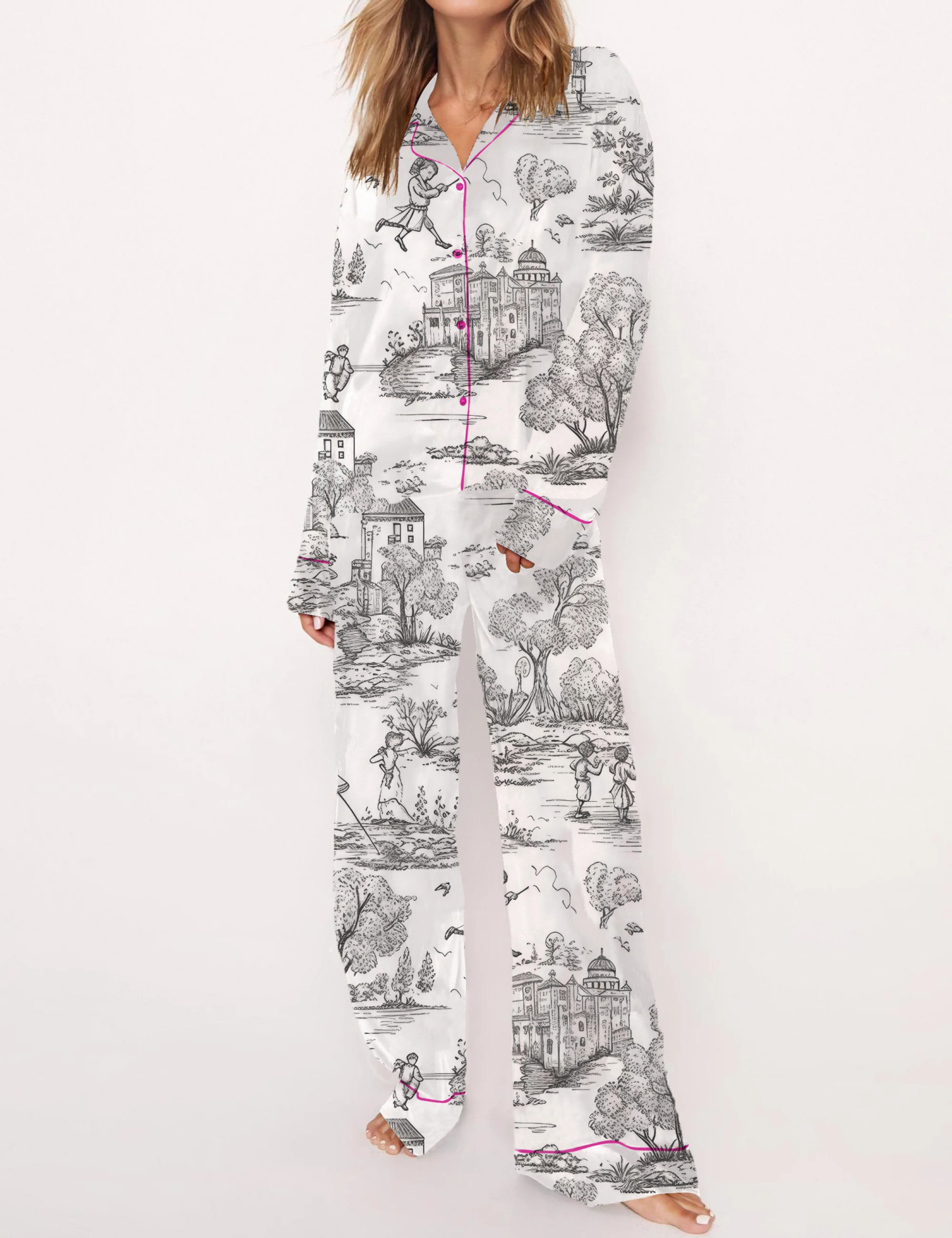 French Pastoral Retro Style Toile Silky Satin Pajama Short Set For Women