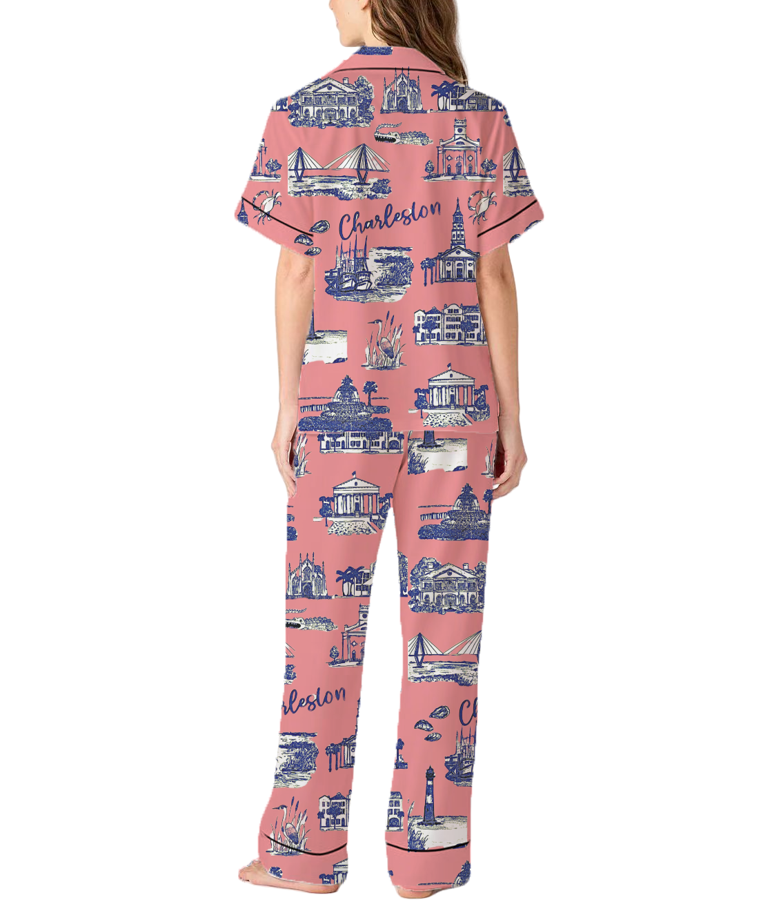Charleston Toile Silky Satin Pajama Pants Set For Women