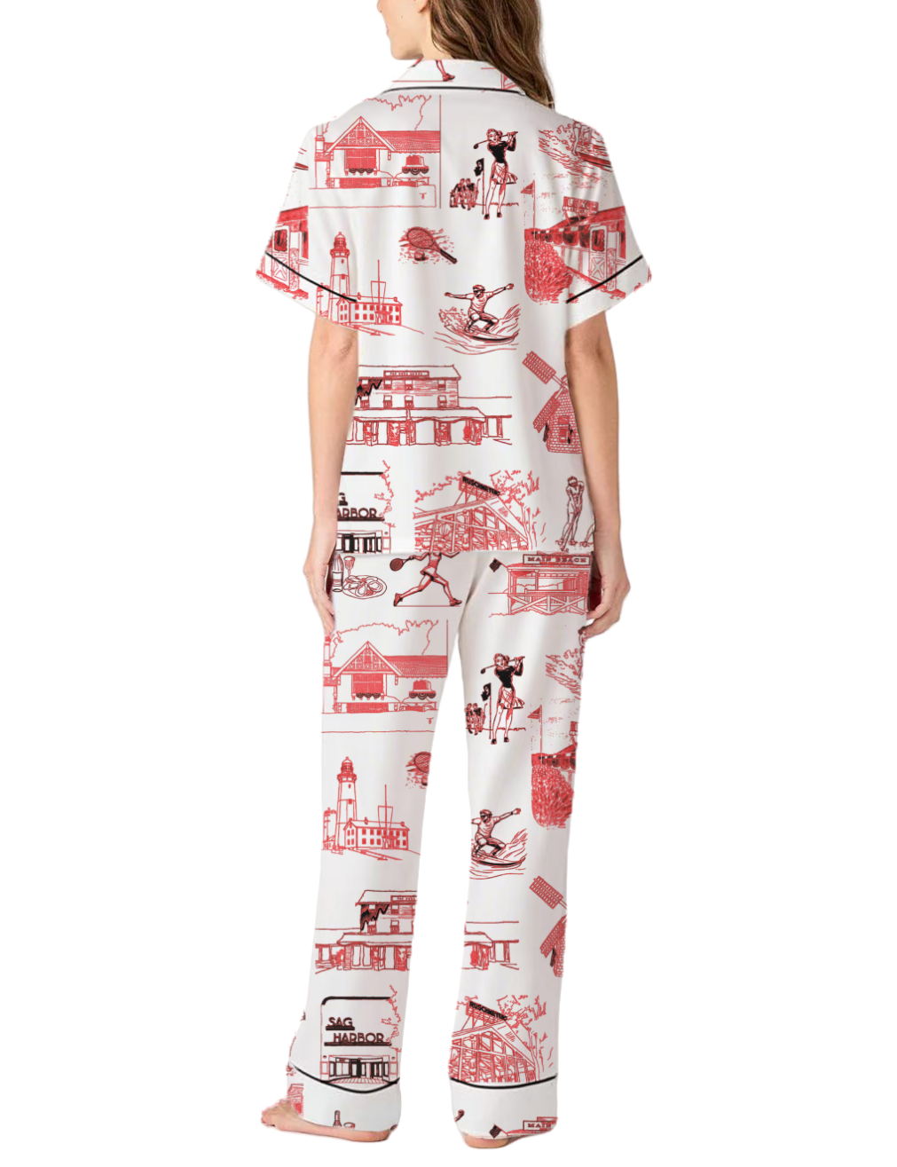 Hamptons Toile Silky Satin Pajama Pants Set For Women