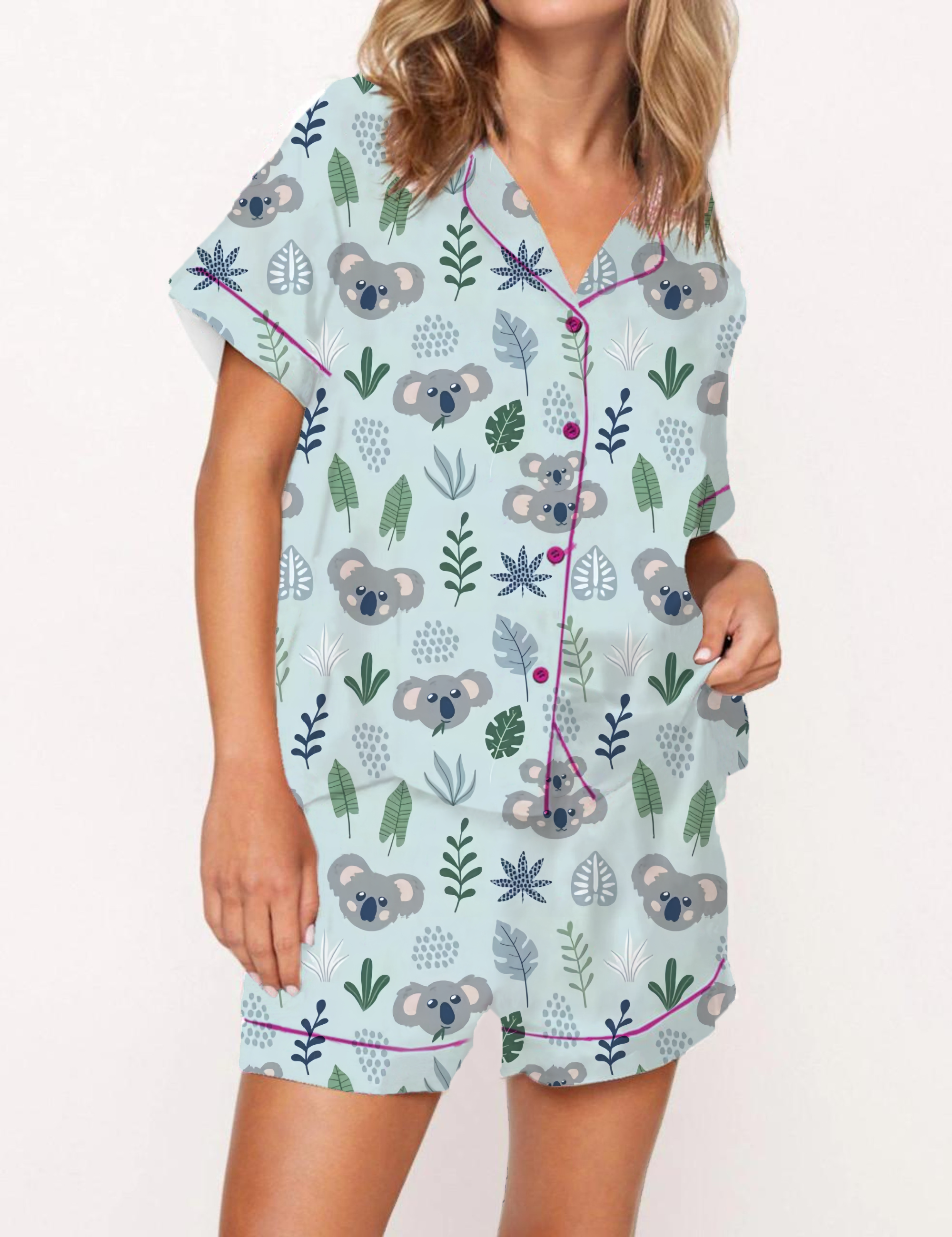  Blue koala Print Satin Pajama Short Set