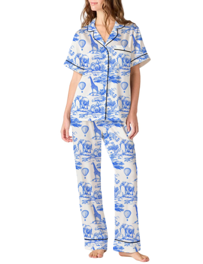 Animal Toile Silky Satin Pajama Pants Set For Women