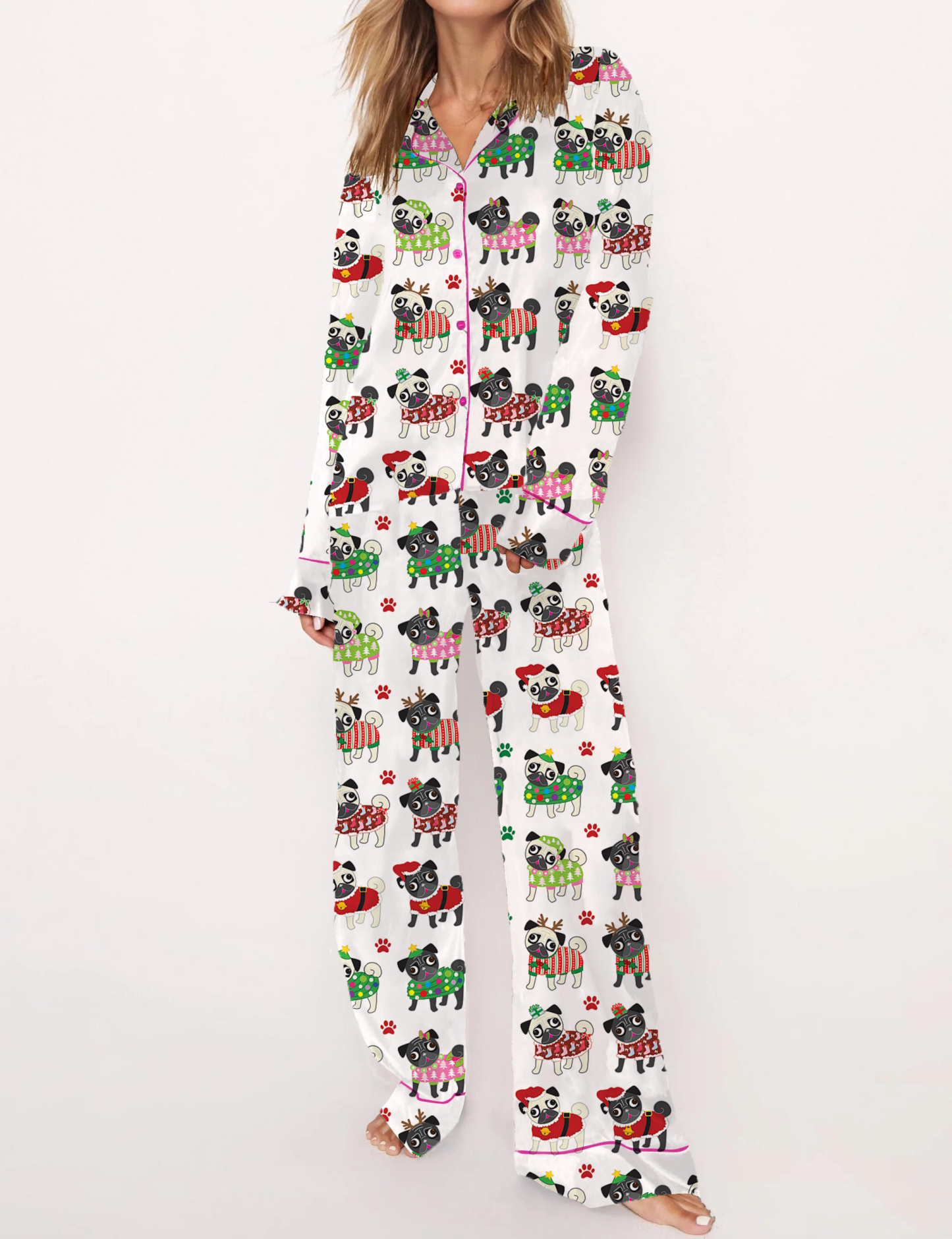 Christmas Ugly Sweater Pug Silky Satin Pajama Short Set For Women