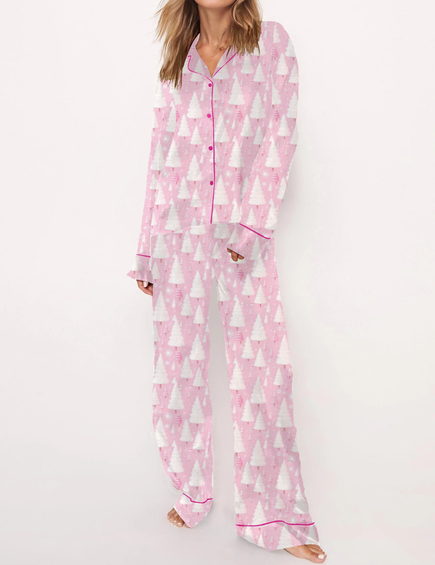 Pink Christmas Silky Satin Pajama Short Set For Women