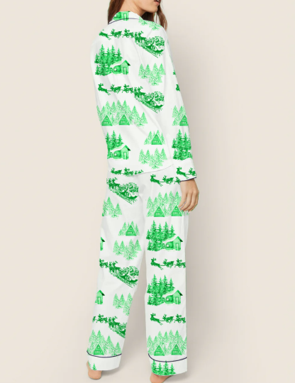 Christmas Theme Toile Silky Satin Pajama Set For Women