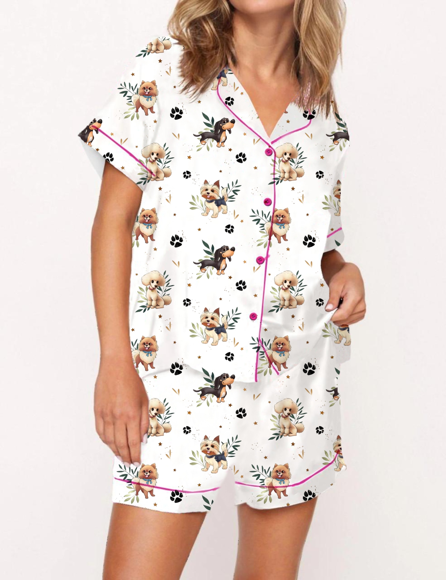 Dog and Paw Print Satin Pajama Short Set