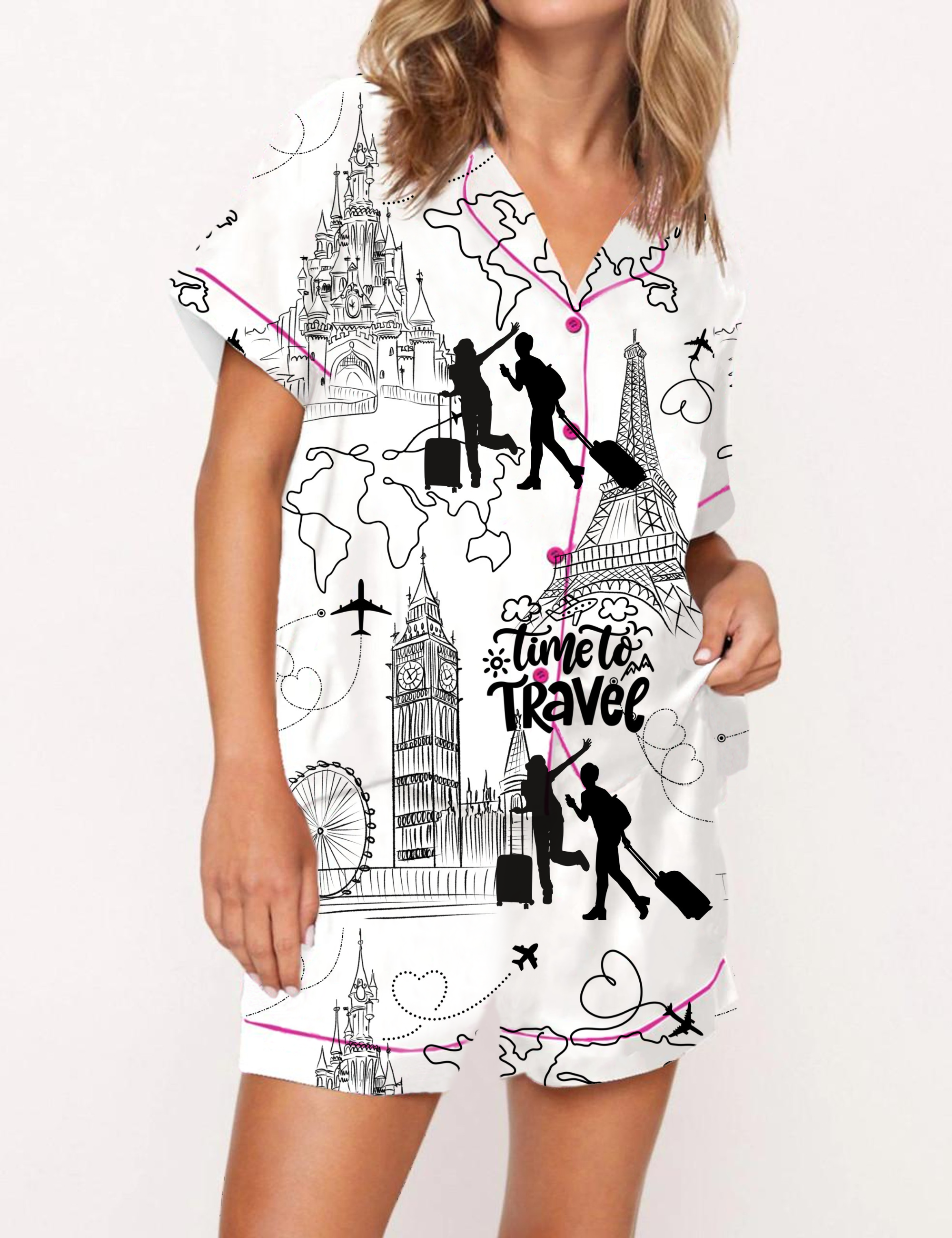 Time To Travel Silky Satin Pajama Short Set For Women