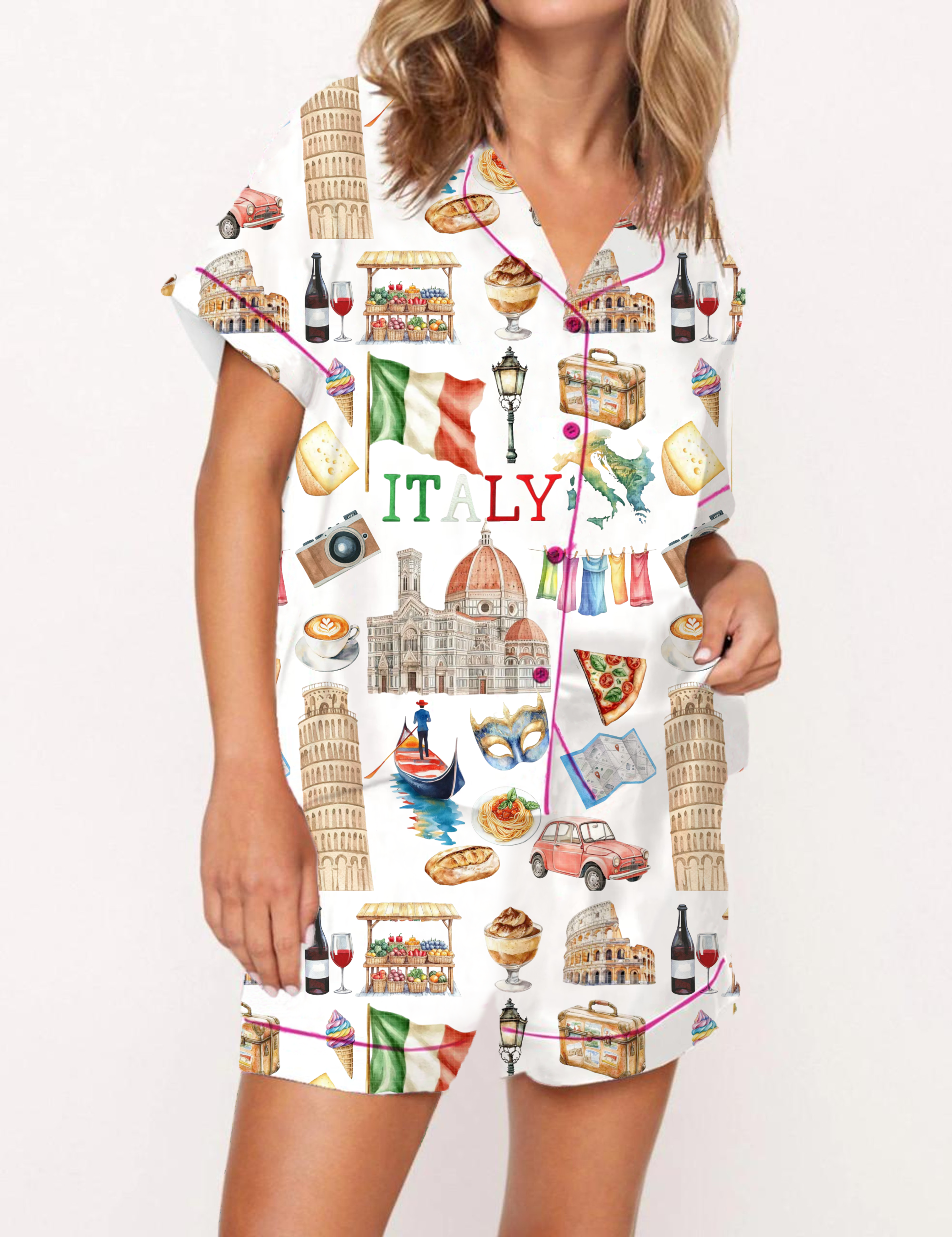 Italy Travel Silky Satin Pajama Short Set For Women