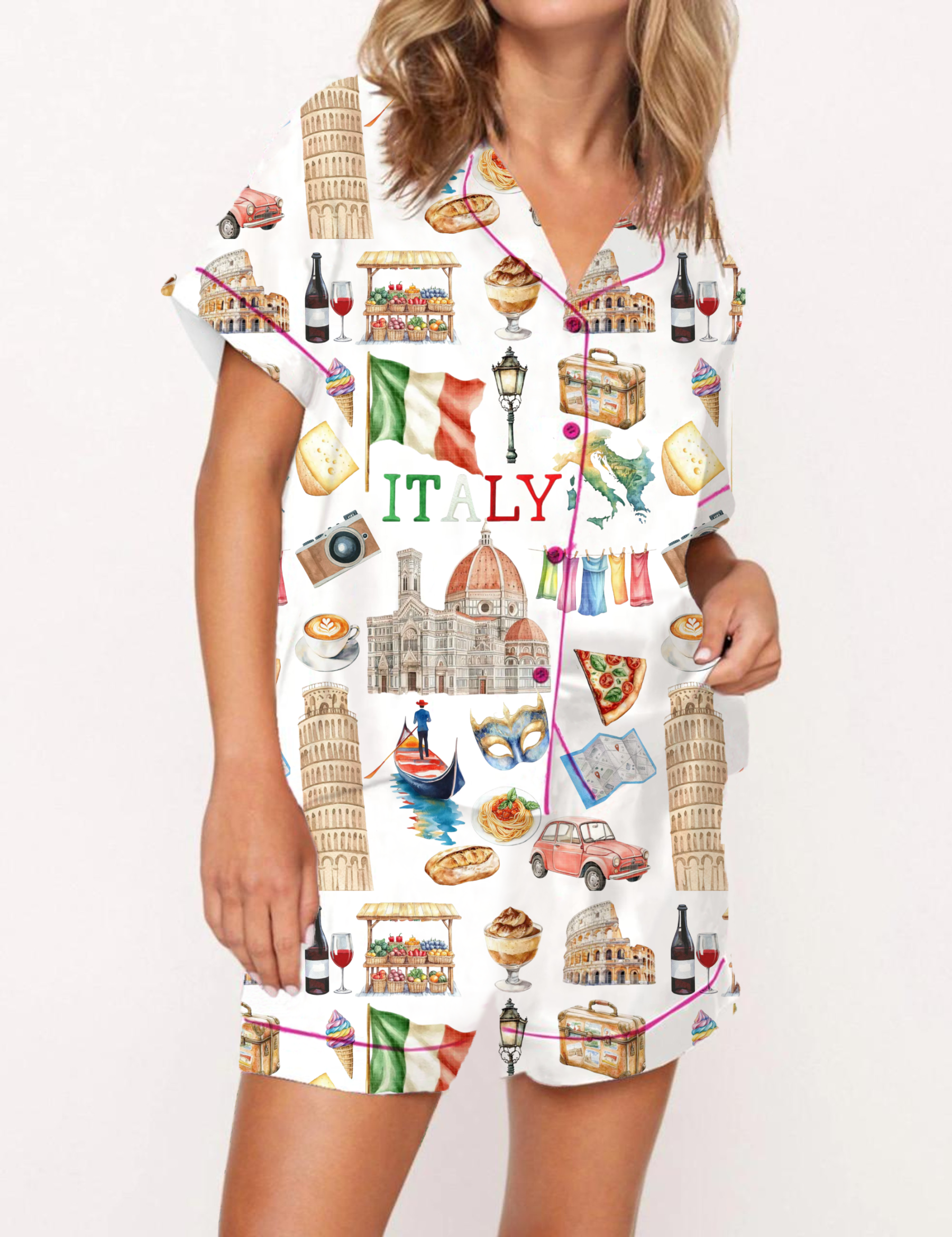 Italy Travel Silky Satin Pajama Short Set For Women